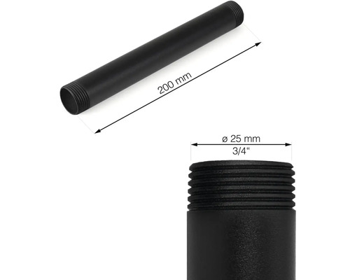 Svart 200 mm långt rör med en diameter på 25 mm och gänga i båda ändar