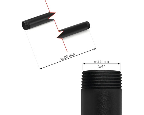 Bild på en rörförlängning med måtten 1500 mm längd och 25 mm diameter