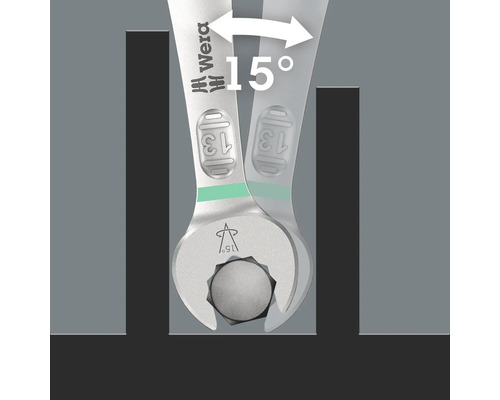 Illustration av en skiftnyckel från Wera med en arbetsvinkel på 15 grader