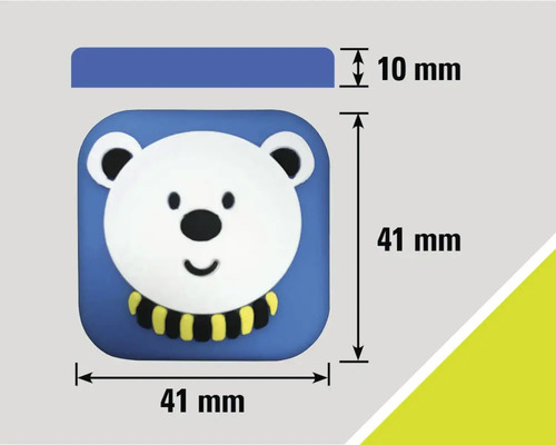 Mått på en möbelknapp med björnmotiv: 41 mm x 41 mm, tjocklek 10 mm