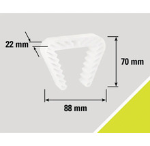 Fästklämma med måtten 22 mm, 70 mm och 88 mm.