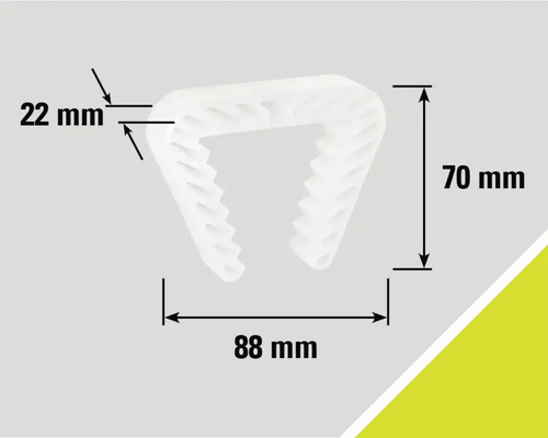 Fästklämma med måtten 22 mm, 70 mm och 88 mm.