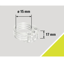 Transparent adapter med en höjd på 17 millimeter och en diameter på 15 millimeter.