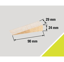 Träkil med måtten 90 mm längd, 24 mm höjd och 29 mm bredd.