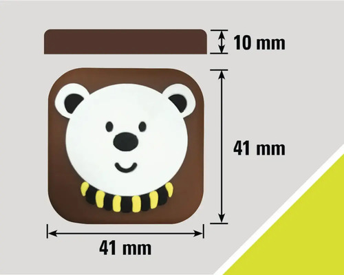 Mått på ett dörrstopp med björnmotiv: 41 mm x 41 mm x 10 mm