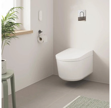 Modernt badrum med vägghängd toalett, toalettpappershållare och krukväxt