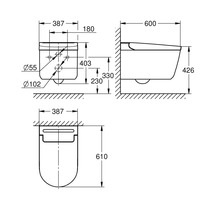 Teknisk ritning av en vägghängd toalett med mått