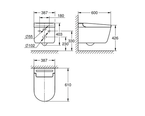 Teknisk ritning av en vägghängd toalett med mått