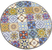 Rund bordsskiva med mosaikmönster av fyrkantiga plattor