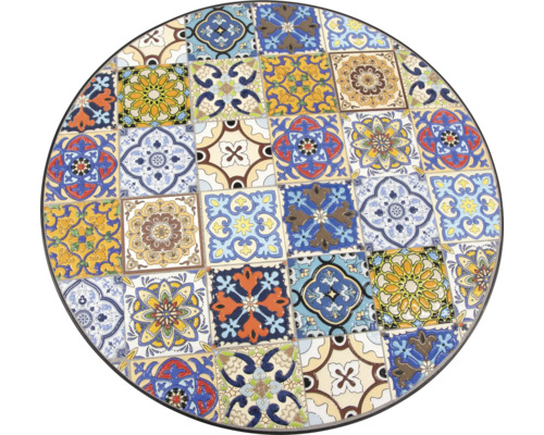 Rund bordsskiva med mosaikmönster av fyrkantiga plattor