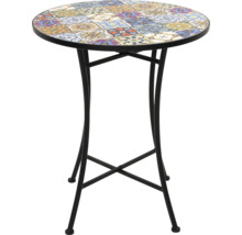 Runt ståbord med mosaikmönster på bordsskivan och en metallram.