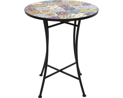 Runt ståbord med mosaikmönster på bordsskivan och en metallram.