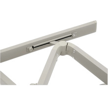 Detaljvy av ett hopfällbart bord med metallram och anslutningsstycken.