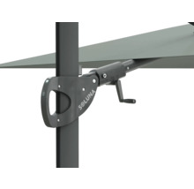 Soluna logotyp på ett parasoll med vevmekanism.