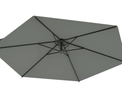 Grått parasoll med metallram underifrån