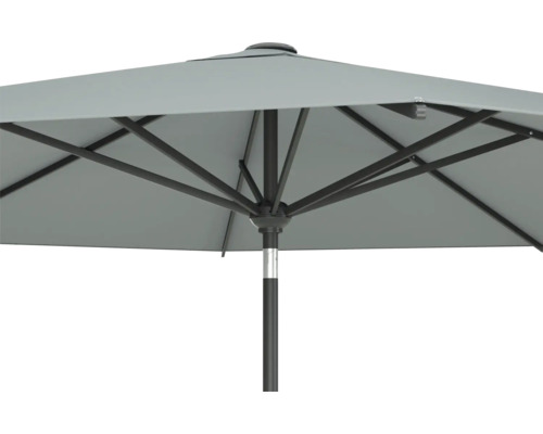 Detaljvy av ett grått parasoll med stålram