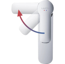 Laufen logotyp. Blandningsbatteri med varmt-kallt-markering och en pil som visar spakens rörelse.