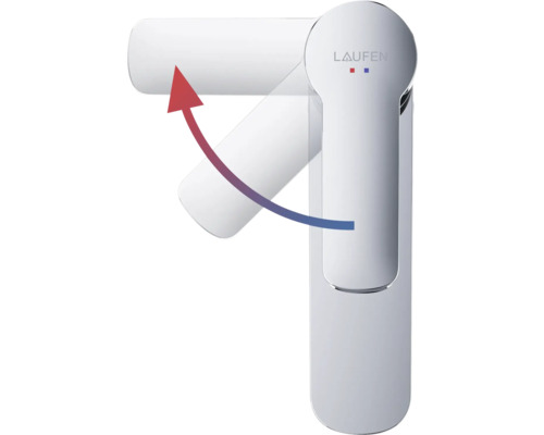 Laufen logotyp. Blandningsbatteri med varmt-kallt-markering och en pil som visar spakens rörelse.