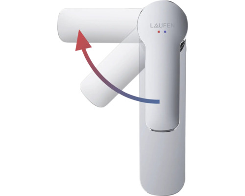 Laufen logotyp på en armatur med svängbar pip