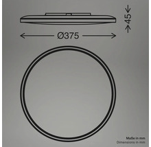Teknisk ritning av en rund taklampa med måtten diameter 375 mm och höjd 45 mm