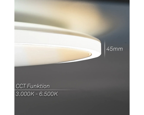 Närbild av en rund taklampa med en höjd på 45 mm och en CCT-funktion från 3 000 kelvin till 6 500 kelvin
