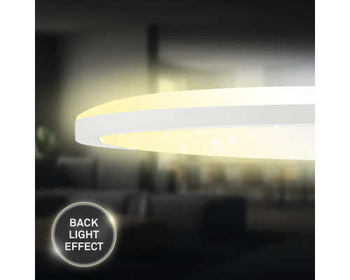 Närbild av en rund LED-taklampa med bakgrundsbelysning för en dekorativ ljuseffekt.