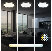 Scen med en LED-taklampa i olika ljusinställningar i ett vardagsrum