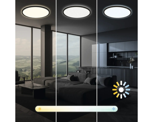 Scen med en LED-taklampa i olika ljusinställningar i ett vardagsrum