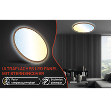 LED-panel med stjärnmönster och färgtemperaturändring i ett vardagsrum.