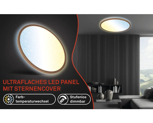 LED-panel med stjärnmönster och färgtemperaturändring i ett vardagsrum.