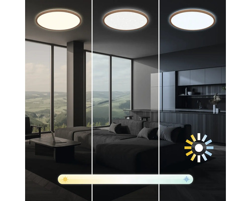 Taklampa med olika ljusinställningar i vardagsrums- och köksmiljö