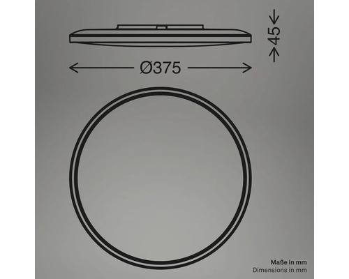 Teknisk ritning av en rund taklampa med måtten 375 mm i diameter och 45 mm i höjd.