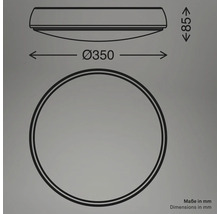 Teknisk ritning av en lampa med måtten diameter 350 mm och höjd 85 mm.