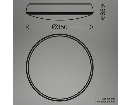 Teknisk ritning av en taklampa med måtten 350 millimeter i diameter och 85 millimeter hög