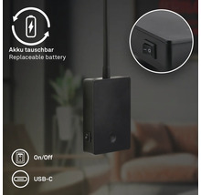 Svart enhet med utbytbart batteri, på- och avstängningsknapp samt USB-C-port