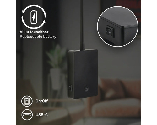 Svart enhet med utbytbart batteri, på- och avstängningsknapp samt USB-C-port