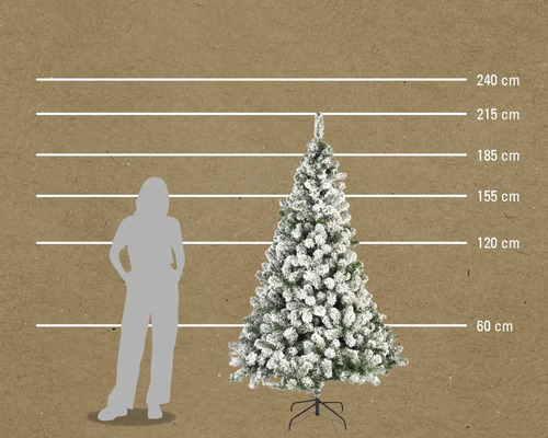 Bild av en konstgjord, snötäckt julgran med måttangivelser