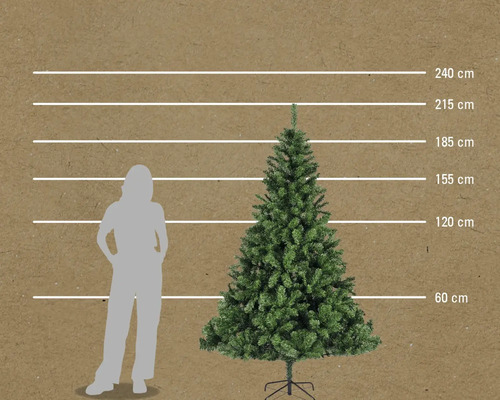 Illustration av en konstgjord julgran med mått från 60 cm till 240 cm