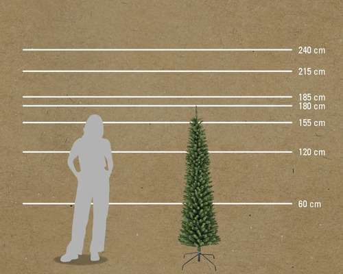 Storleksjämförelse av en smal julgran med en person och måttlinjer i centimeter