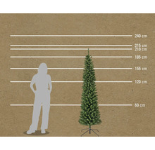 Storleksjämförelse av en konstgjord gran med höjdmarkeringar och en person.