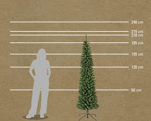 Storleksjämförelse av en konstgjord gran med höjdmarkeringar och en person.