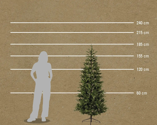 Storleksjämförelse av en konstgjord gran med en person med hjälp av en skala i centimeter.