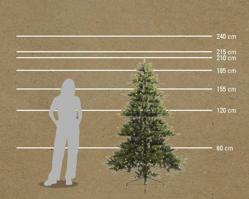 Bild av en julgran med storleksangivelser och en siluettbild av en person för jämförelse av storlek.