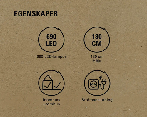 Egenskaper: 690 lysdioder, 180 centimeter höjd, lämplig för inomhus- och utomhusbruk, strömanslutning
