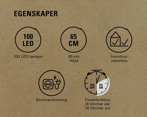 Egenskaper: 100 lysdioder, 65 centimeters höjd, för inom- och utomhusbruk, strömanslutning, timerfunktion (6 timmar på, 18 timmar av).