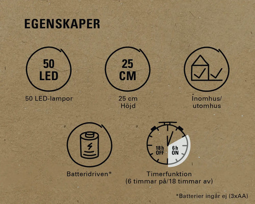 Produktfunktioner: 50 LED-lampor, 25 cm höjd, för inomhus- och utomhusbruk, batteridriven, timerfunktion