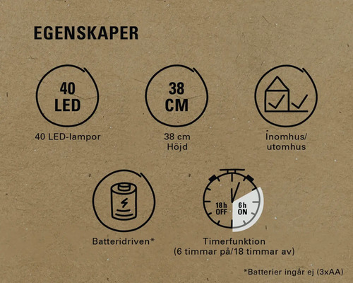 Egenskaper: 40 LED-lampor, 38 cm höjd, för inomhus- och utomhusbruk, batteridriven, timerfunktion