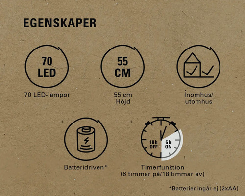 Produktegenskaper: 70 LED-lampor, 55 cm höjd, lämplig för inomhus- och utomhusbruk, batteridriven, timerfunktion