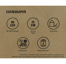 Egenskaper: 60 LED-lampor, 25 cm höjd, lämplig för utomhusbruk, soldriven, batteridriven
