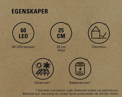 Egenskaper: 60 LED-lampor, 25 cm höjd, lämplig för utomhusbruk, soldriven, batteridriven